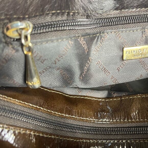 Plinio Visona  leather Brown Calf Hair Patent trims Shoulder Bag Gold Hardware - Picture 14 of 16